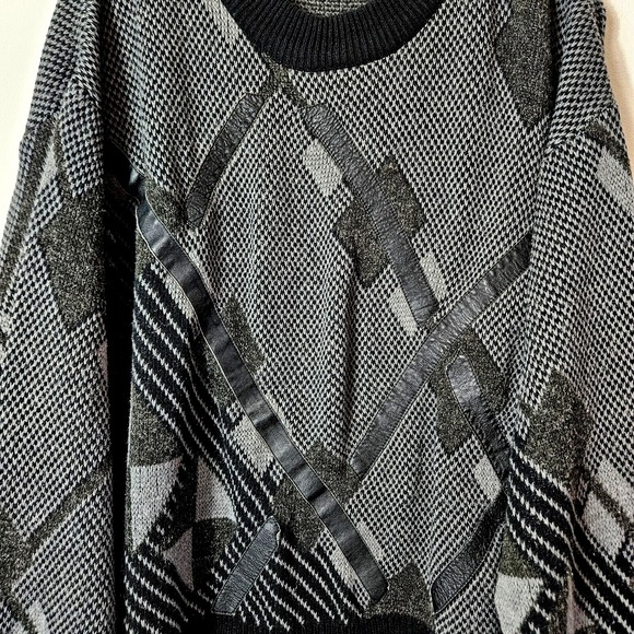 Palmero Men's Vintage Grandpacore Black Sweater LARGE Faux Leather Hipster Cosby - Picture 3 of 8